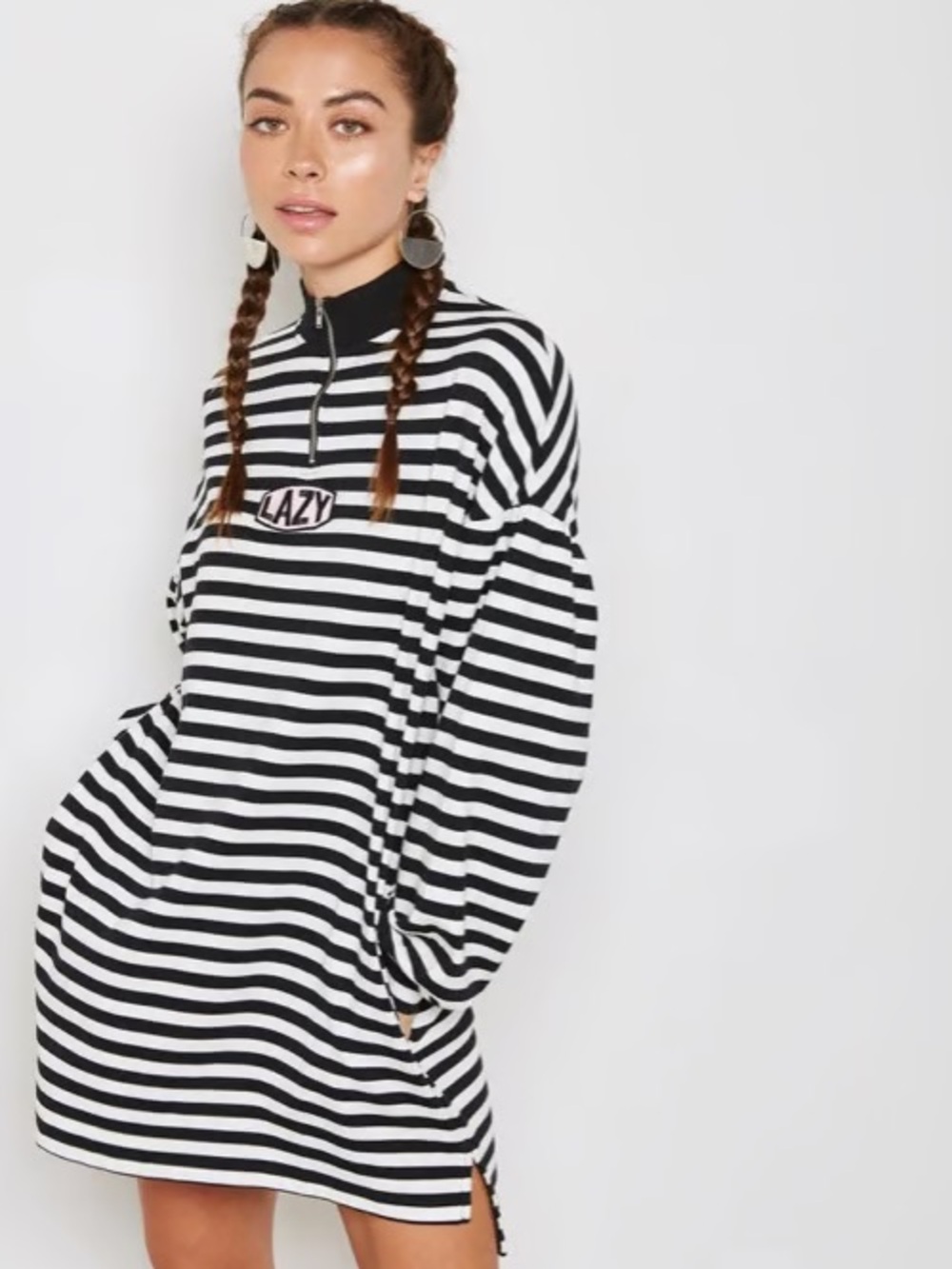 Lazy Oaf Black & White Striped Zip-Neck Mini Dress